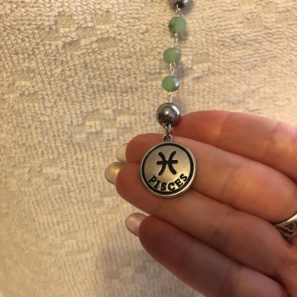 Pisces Zodiac seafoam green beaded rosary necklace handmade - Picture 2 of 7